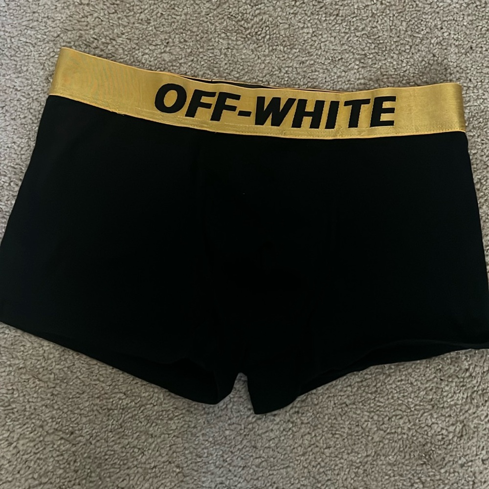 Off-White Men's Boxers with Black and Gold Design